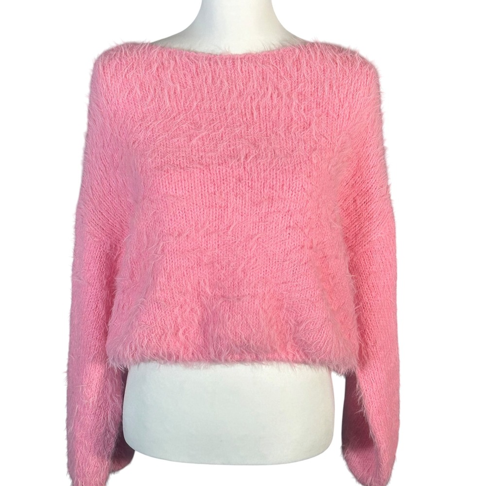 Free People Flurry Fuzzy Sweater Womens Medium Pink Eyelash Knit‎ Cropped